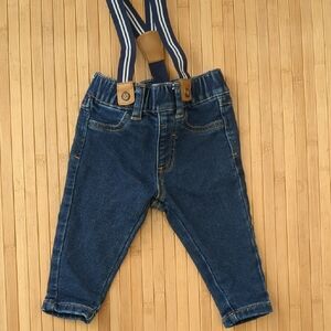 Baby Infant Boy Blue Jeans With Suspenders by Lullaby, Size 3-6 Months
